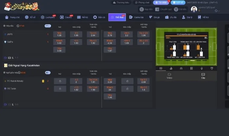 Sảnh Thể Thao Hay88 thiết kế giao diện cược chuyên nghiệp