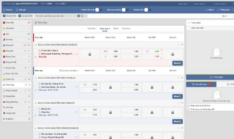 Hướng Dẫn Cách Chơi Cá Cược Cầu Lông Tại Hay88 Hiệu Quả 2 Bảng kèo cá cược Cầu Lông Tại Hay88