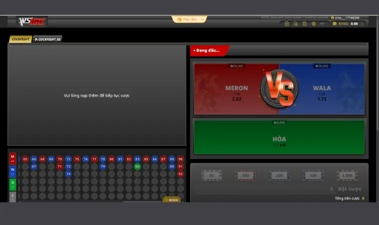 Hướng Dẫn Cách Chơi Đá Gà WS168 Tại Hay88 Chi Tiết 2 Giao diện đặt cược Đá Gà WS168 Tại Hay88