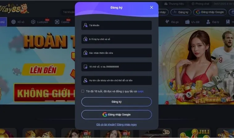 Hướng Dẫn Đăng Ký Hay88 Chi Tiết Cho Người Chơi Mới 2 Giao diện đăng ký Hay88